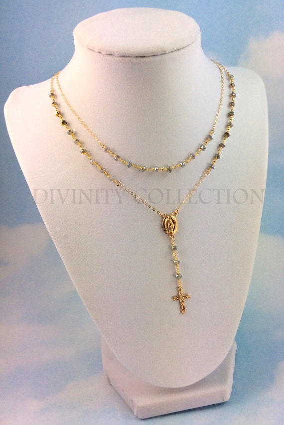 Rosary Necklaces Labradorite Gold Filled or Sterling Silver Cross Miraculous Double Layer Rosaries Custom