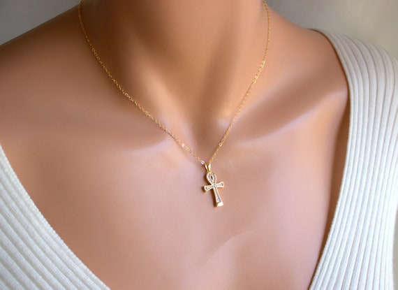 Gold Ankh Pendant Necklace Women Charm Crystals Aunk Ankh Egyptian Jewelry