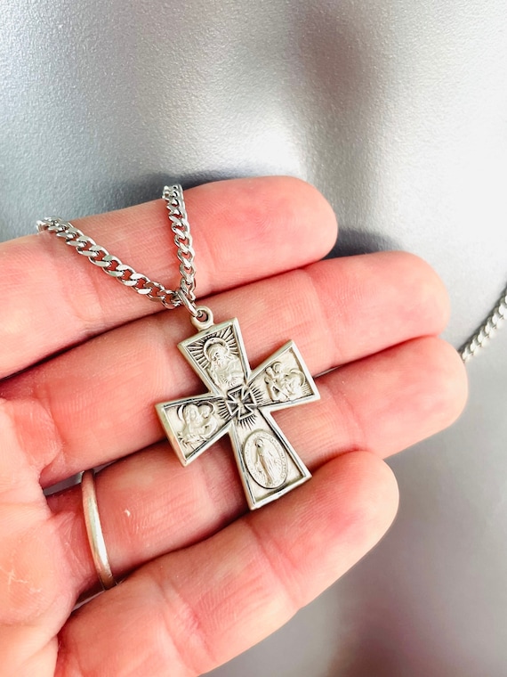 Sterling Silver Maltese Cross Necklace Men Four way cross Pendant Necklaces Protection Silver Cross Chain Catholic Religious Gift for Men