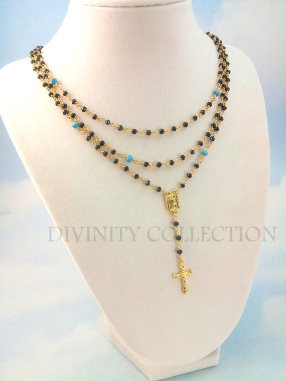 Black Spinel Rosary Necklace Women Girls Turquoise Rosaries Small Gold  Filled Cross Custom Made Necklace Black Gemstone - Etsy