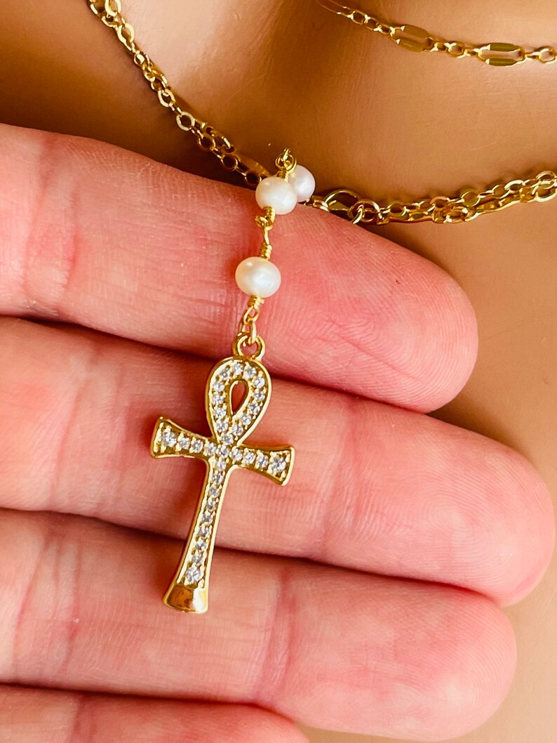 Gold Ankh Necklace Women Pearl Necklace Double Choker Multi Strand Necklaces Egyptian Jewelry READ BELOW on how to order set image 8