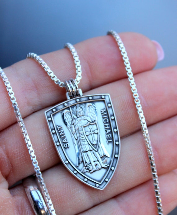 BEST SELLER Mens Large Saint Michael Pendant Necklace 925 Sterling Silver Large Shield Charm Necklace Catholic Jewelry Gift Protection