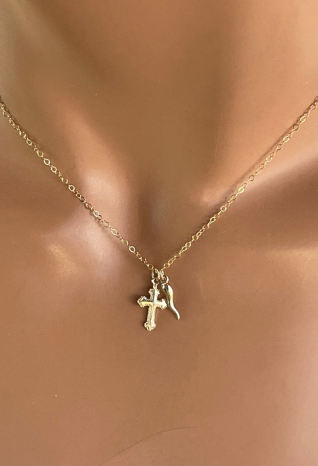 Tiny 14k Gold Filled Italian Horn Necklace With Cross, Sterling