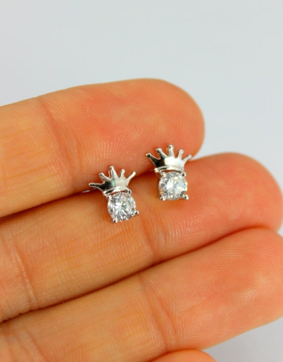 Sterling Silver Crystal Crown Earrings - Solitare Crystal Studs Womens Girls Ear Jewelry Minimalist