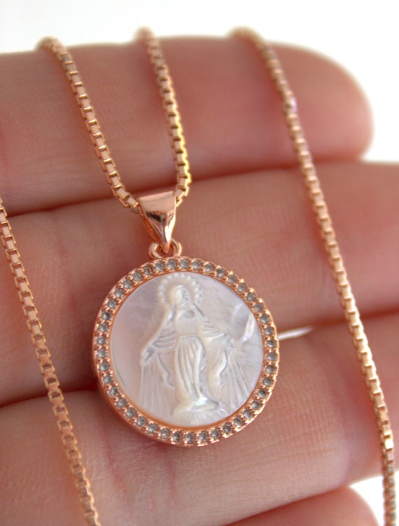 Rose Gold Mother Mary Pendant Necklace Silver Mother of Pearl Virgin Mary Miracuulous Charm Women Religious Gift