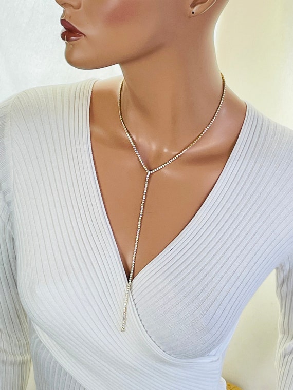 Long 14K gold filled rhinestone lariat necklace Y necklace CZ choker Women ladies sexy necklace gift for her Rhinestone chokers