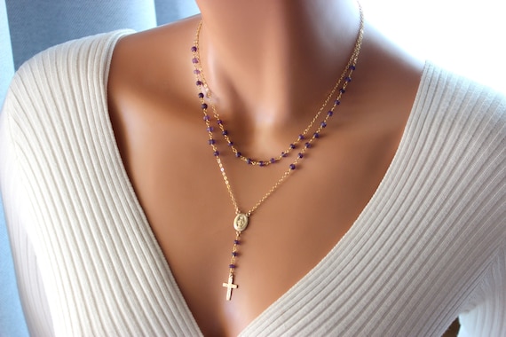 BEST SELLER Amethyst Gold Rosary Necklace Sterling Silver Cross Necklaces Women Miraculous Medal Double Layer Multi Strand