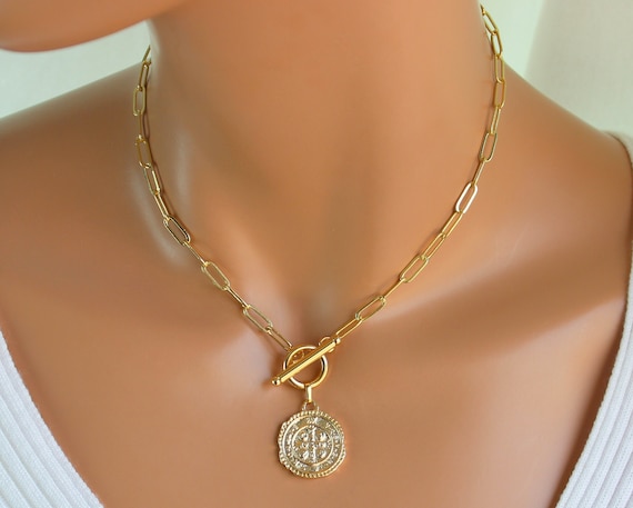 BEST SELLER Gold Coin Necklace, Benedict Cross Gold Chunky Choker, Gold Chain Protection Necklace Thick Chain, Toggle Front, Coin Necklaces