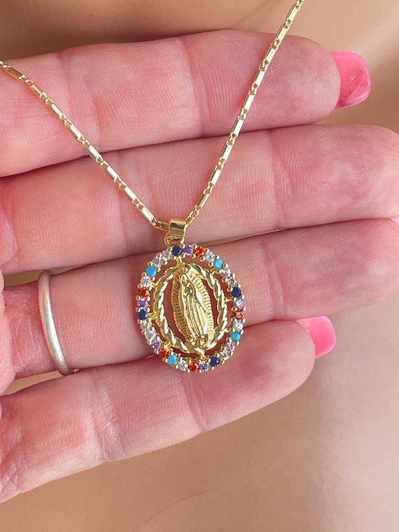 Gold Guadalupe pendant necklace for women, religious jewelry Virgin Mary charm necklace colorful necklaces Catholic gold filled bar chain