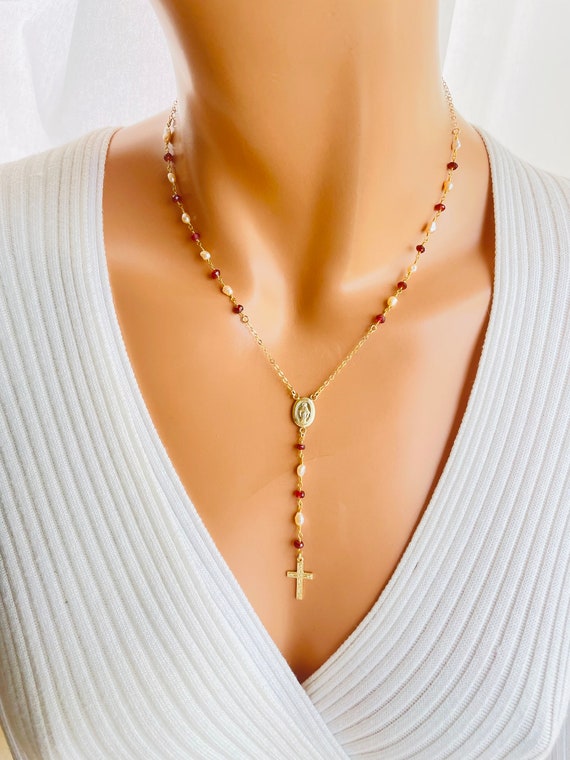 Gold rosary, necklace, Mary miraculous medal, cross necklaces, garnet pearls 14K gold filled lariat Catholic jewelry gift for mom women