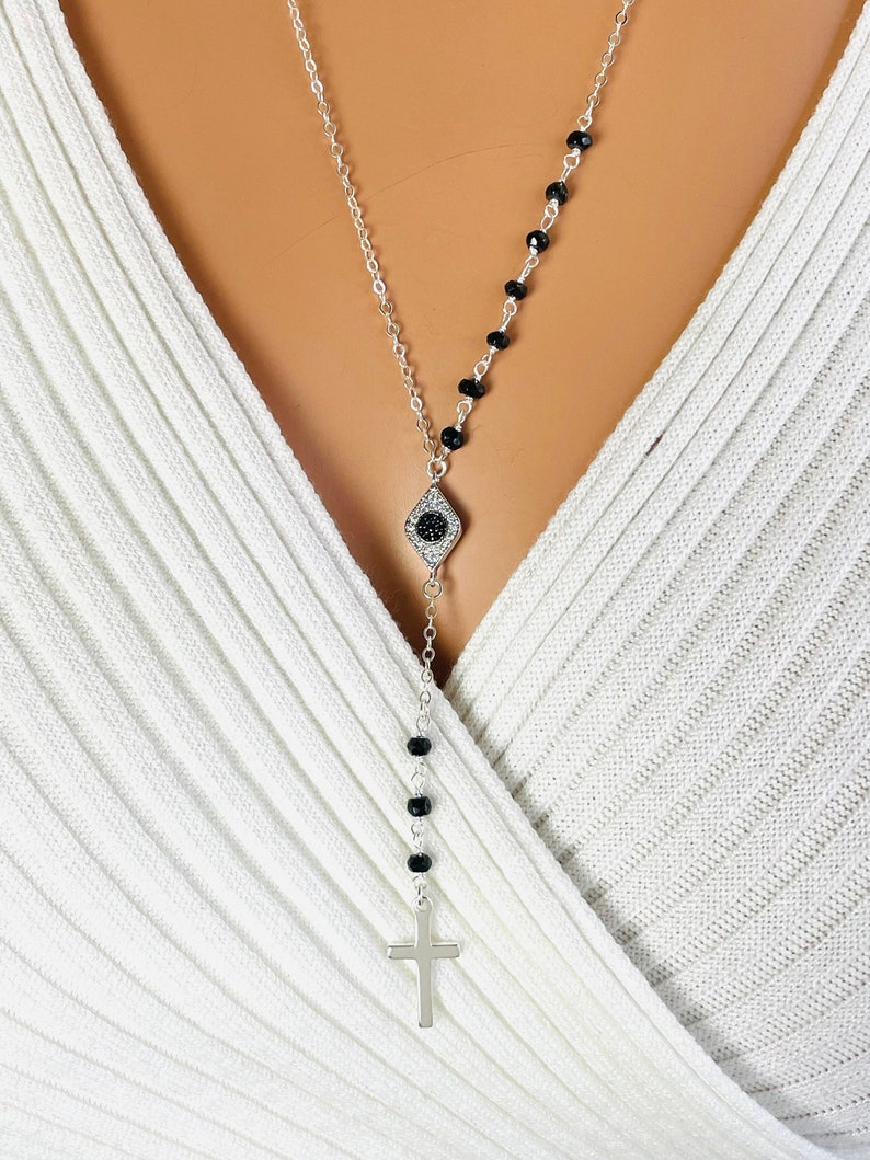 Evil Eye Cross Necklace Rose Gold Filled Black Onyx Womens Etsy