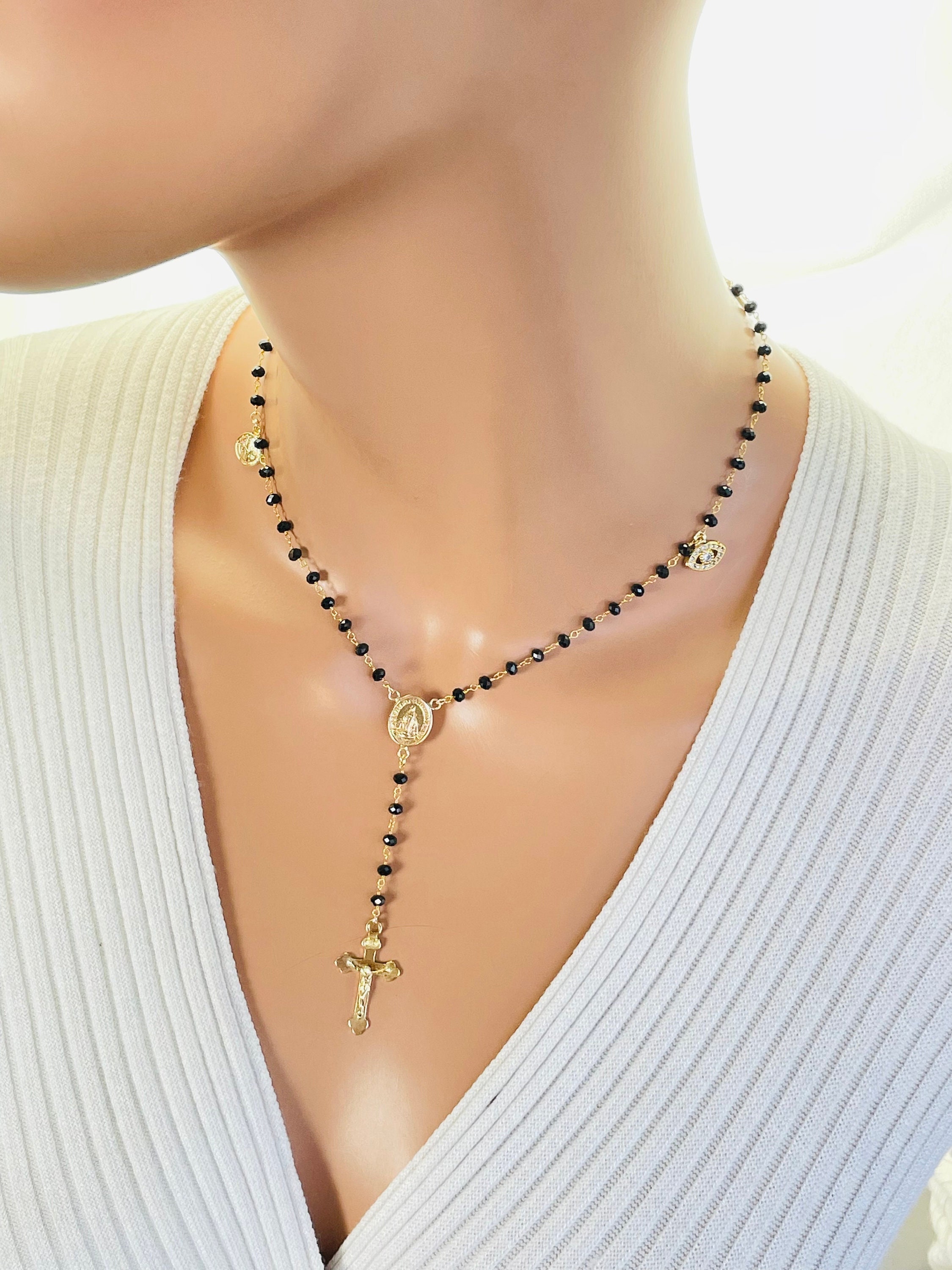 Gold Charmed Rosary Black Rosary Necklace. Gold Filled Rosary Crucifix Miraculous Evil Eye Hamsa Benedict Guadalupe Protection Necklace Etsy Canada