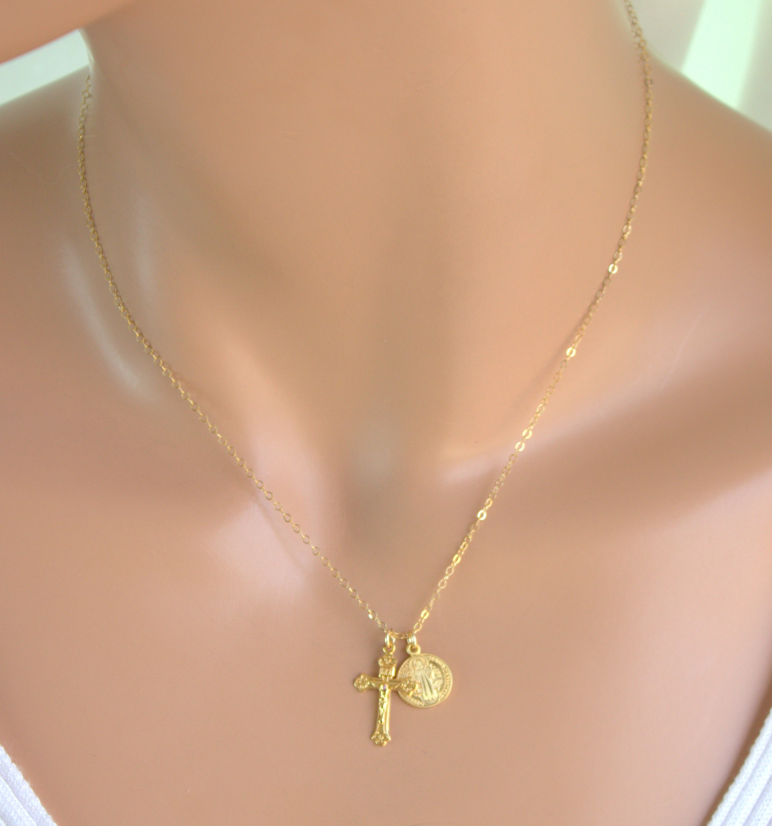 BEST SELLER Gold Crucifix Cross Necklace Double Charm Saint BEST SELLER Gold Crucifix Cross Necklace Double Charm Saint