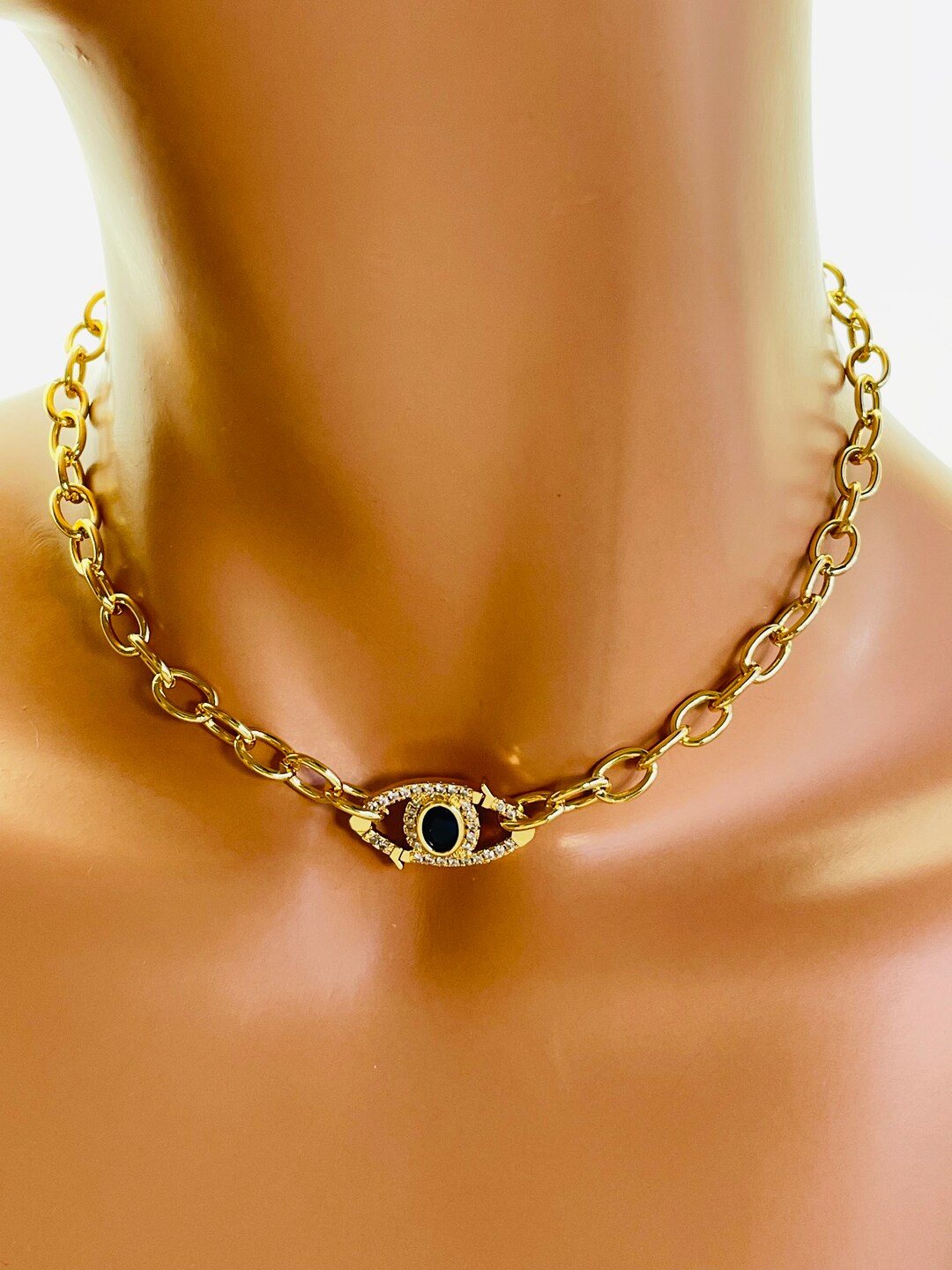 Gold Evil Eye Choker Women Blue Eye Charm Necklace 14K Gold Filled