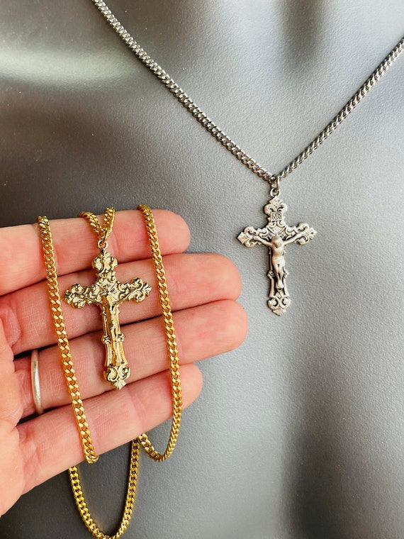 Large 925 sterling silver crucifix cross pendant necklace for men curb chain crucifix Jesus Catholic jewelry protection necklaces