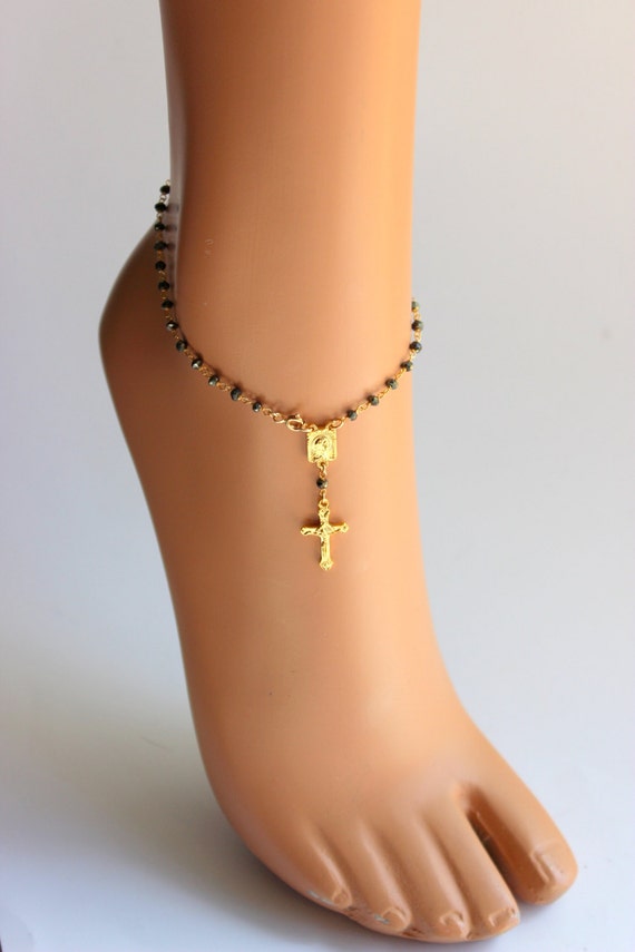 Rosary Ankle Bracelet Gold Filled Pyrite Anklet Crucifix Cross Jewelry Women Girls High Quality Catholic Gift