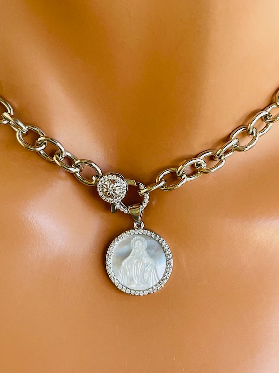 White Gold miraculous pendant choker Virgin Mary mother of pearl charm necklace silver chain choker religious Catholic gift for mom