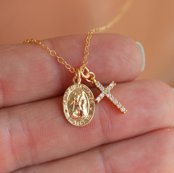 BEST SELLER Gold Saint Christopher Necklace Cross Charm Double Charm Necklace Women Dainty Cross Necklace Religious Jewelry Protection Gift