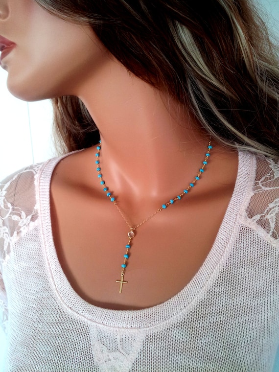 Rosary Necklace Gold Filled Turquoise Stone Cross Pendant Necklaces Women Jewelry High Quality Lariat Chritian Catholic Confirmation Gift