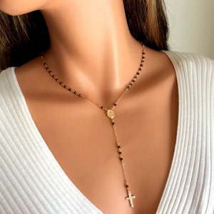 Black rosary, necklace for women, custom rosaries, cross, necklaces, catholic jewelry gift, gold filled rosary, confirmation gift for girls