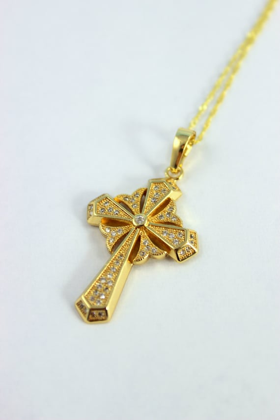 Gold Cross Pendant Necklace Women Girls Crystal Cross Christian Jewelry Large Victorian Crosses Gift for her