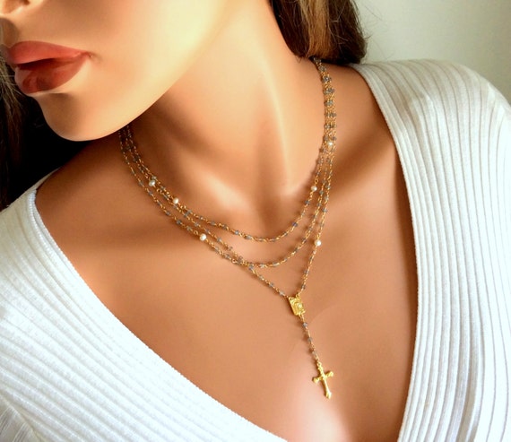 Gold Rosary Necklace Labradorite Pearls Women Multi Strand Necklaces Catholic Jewelry Gift