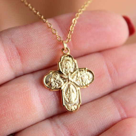 Gold Four Way Cross Necklace Women Sterling Silver Fourway Cross Charm Neckalce Sacred Heart Cross Cruciform Religious Catholic Jewelry Gift