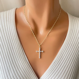 Large Gold Crystal Cross Necklace Women 14k Gold Filled Cross Necklaces Singapore Chain Christian Jewelry gift for mom, bridal necklaces
