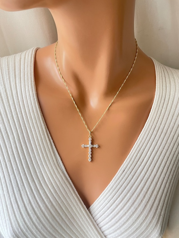 Large Gold Crystal Cross Necklace Women 14k Gold Filled Cross Necklaces Singapore Chain Christian Jewelry gift for mom, bridal necklaces