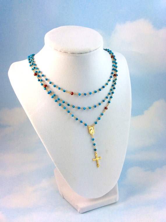 Turquoise Rosary Necklace Gold Filled Womens Girls Multi Layer Crucifix Rosaries Custom Necklace Red Coral Catholic Religious