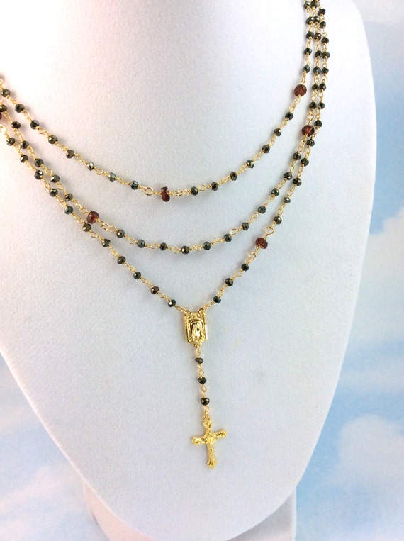 Rosary Necklace Women Multi Strand Gold Filled Pyrite Garnet Catholic Christian Jewelry Cross Necklaces Confirmation Mothers Day Gift