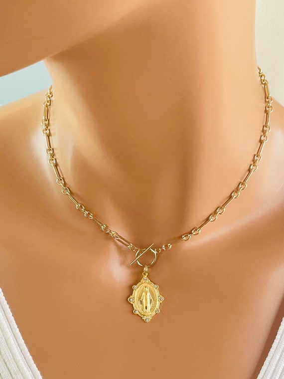 Gold Mary miraculous charm necklace sterling silver choker necklace, paper clip chain Swarovski religious Catholic jewelry gift