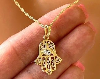 Gold Hamsa necklace women 14K gold filled Hamsa charm necklaces, Singapore chain hand pendant necklace, Hamsa charm necklace, gift for mom