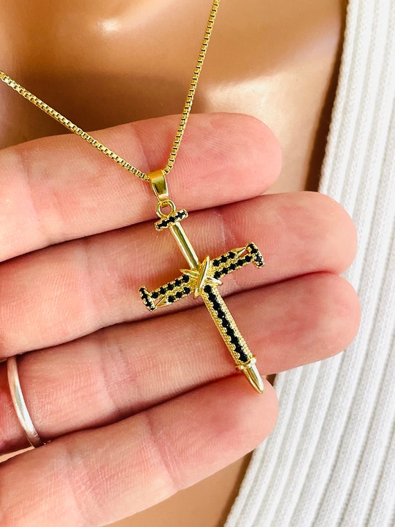 Gold Neil cross pendant necklace box chain women men black CZ 14 K gold filled gift large cross charm necklaces