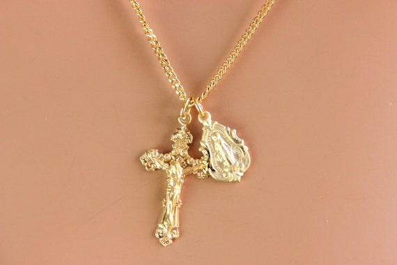 BEST SELLER Gold Crucifix Cross Miraculous Medal Sterling Silver Double Pendant Necklaces Gold Men Women Unisex Superb Quality Jewelry