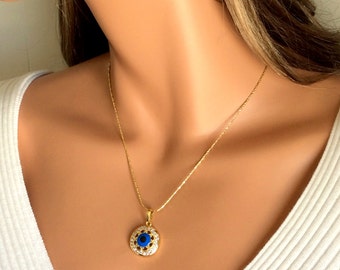 SALE Evil Eye Necklace Gold Filled Pendant Kabbalah Hamsa Jewelry Womens Protection Necklaces Blue Large Eye Pave Crystal Gift