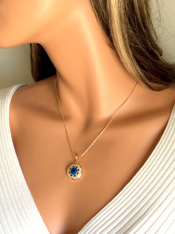 SALE Evil Eye Necklace Gold Filled Pendant Kabbalah Hamsa Jewelry Womens Protection Necklaces Blue Large Eye Pave Crystal Gift