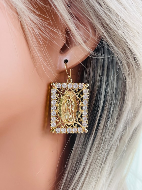 Gold our lady of Guadalupe earrings, large gold filled religious earrings, catholic, Guadalupe, CZ earrings, gift for mom, religious,