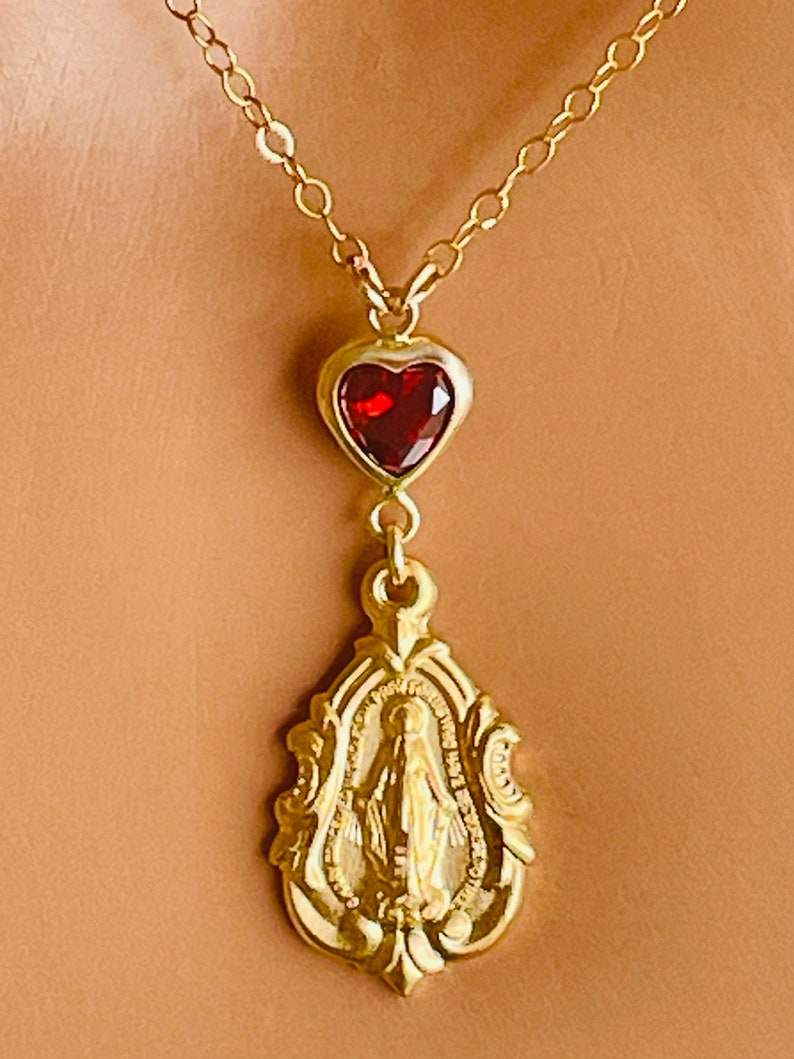 Gold Mary Miraculous Charm Necklace Sterling Silver Red Cz Heart ...