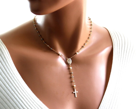 Rosary Choker Necklace Labradorite Gold Filled Sterling Silver Women Cross Necklaces Jewelry Religious Spiritual Catholic Confirmation Gift