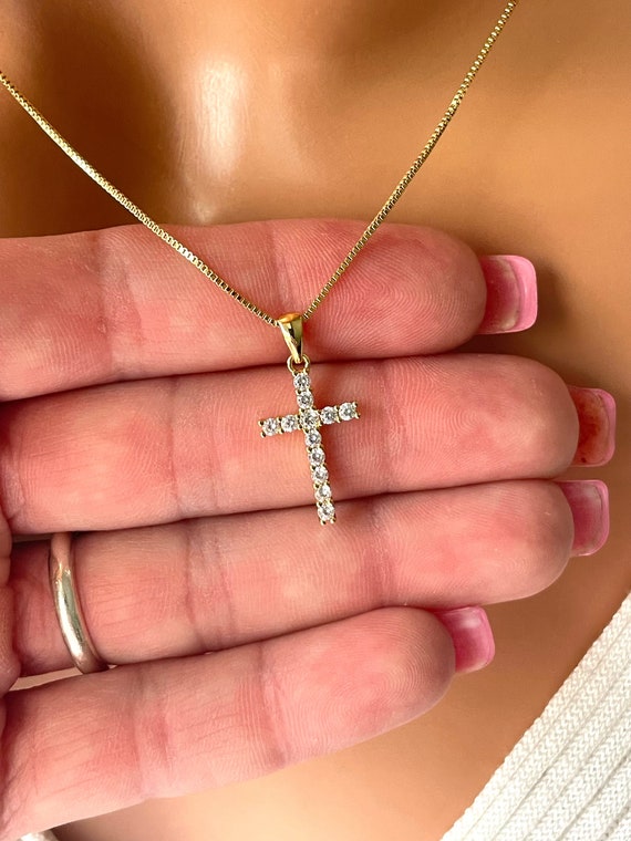 Small Gold cross charm necklace gift for ladies girls small CZ Cross necklaces, Christian Faith, CZ cross pendant, gift for girls,  mom