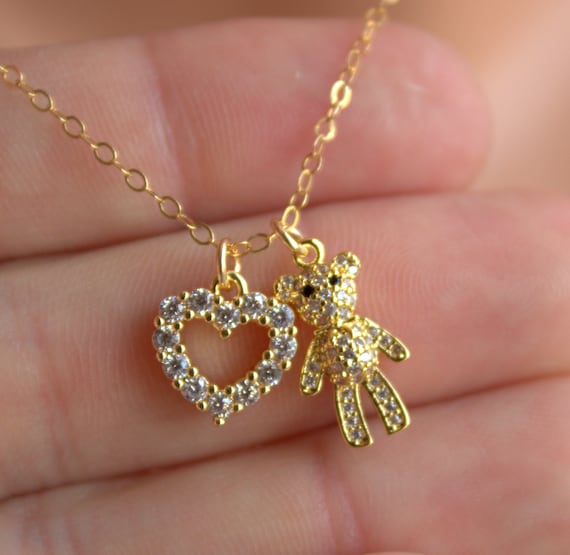 Teddy Bear Necklace Heart Charm Necklace Dainty Small Little Girls Women Jewelry Gold Double Charm Necklaces Gift CZ Pave Pendants