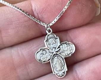 Collar con cruz de cuatro vías de plata de ley, medalla milagrosa de Jesús, cadena de caja chapada en oro de 14k