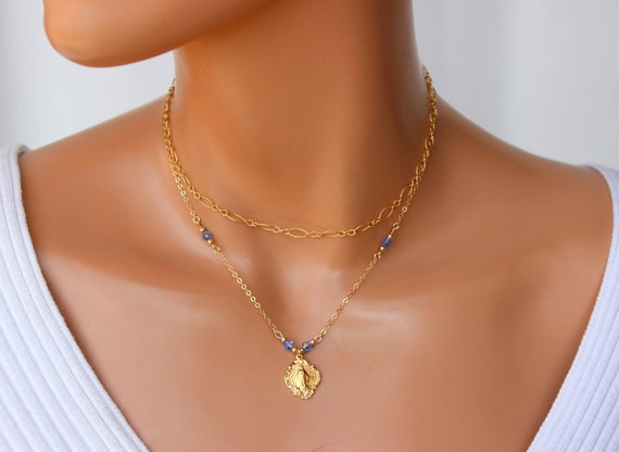 BETS SELLER Gold Mary Charm Necklace Choker Set Miraculous Necklaces Sterling Silver Virgin Mary Charm Necklaces Blue Crystal Gift Women