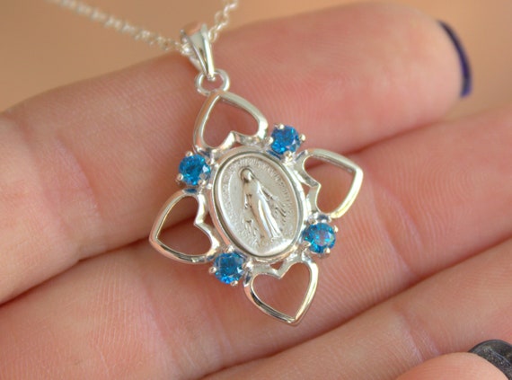 Sterling Silver Miraculous Pendant NecklaceWomen Blue Crystal Charm Necklaces 925 Catholic Jewelry Mother Virgin Mary