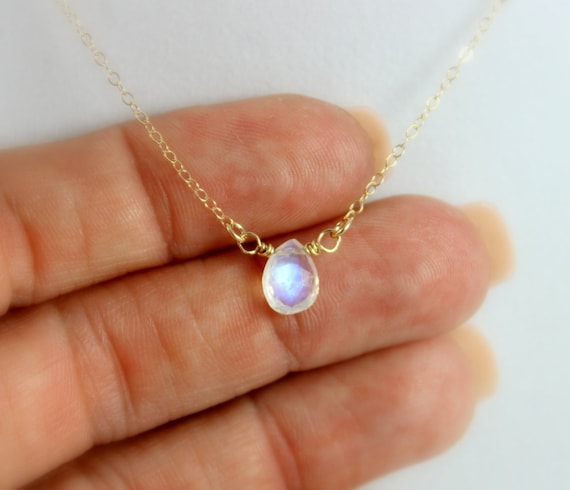 Rainbow Moonstone Pendant Necklace Genuine Gemstone Gold Filled or Sterling Silver Minimalist Jewelry Delicate Simple Custom Gift for Her