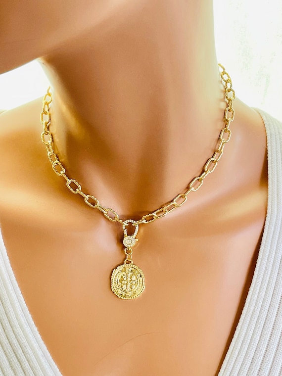SALE St Benedict cross pendant necklace Choker 14k gold filled coin necklaces thick chain choker protection necklaces women patron saint