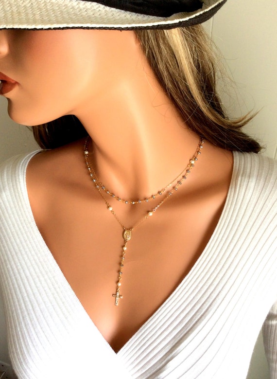 Gold Rosary Necklace for Women Labradorite Multi Strand Pearl 925 Sterling Silver Cross Necklaces Women Jewelry Christian Catholic Gift