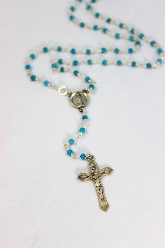 Rosary Necklace Turquoise Sterling Silver Crucifix Cross Necklaces