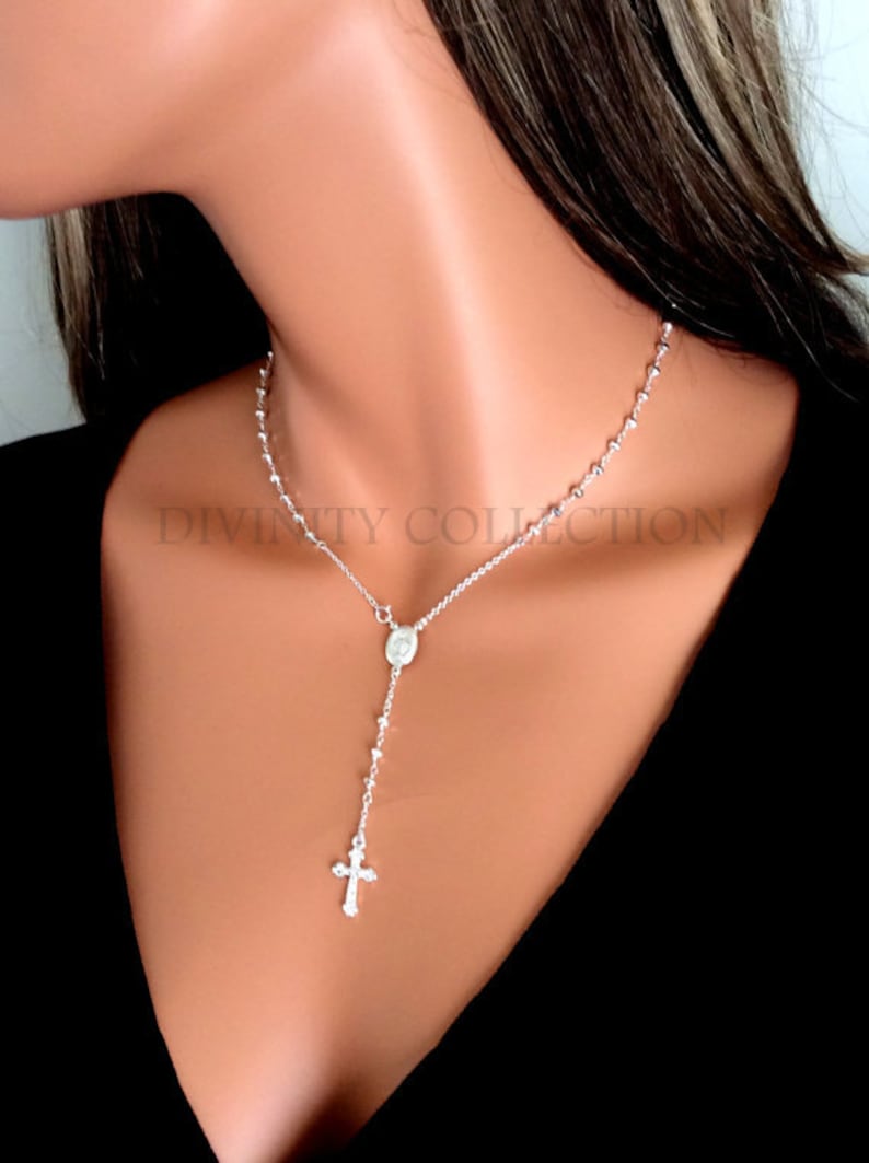 BEST SELLER Sterling Silver Rosary Necklace Pyrite Rosaries Cross Necklaces Women Religious Jewelry Spiritual Houswives Inspired image 1